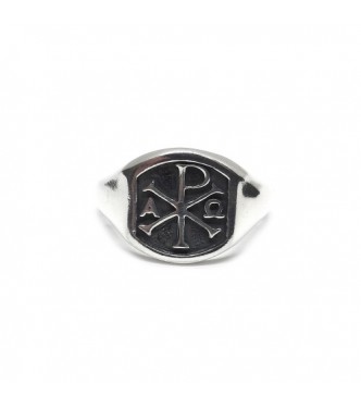 R002407 Genuine Sterling Silver Men Ring Chi Rho Alpha Omega Solid Stamped 925 Handmade